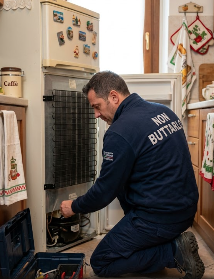 Non Buttarlo technician repairing a fridge on site