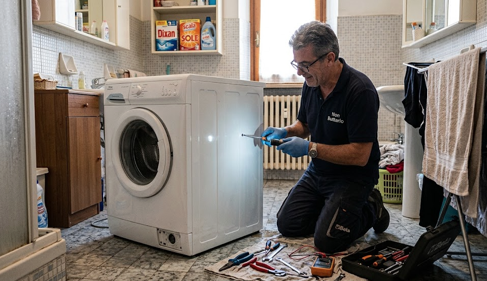 Technician repairing a washing machine on site